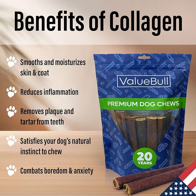 ValueBull USA Collagen Sticks for Dogs, 6 Inch Medium Chews, Natural Long-Lasting Dog Treats, 25 Count - Promotes Joint, Skin & Coat Health with Glucosamine and Chondroitin