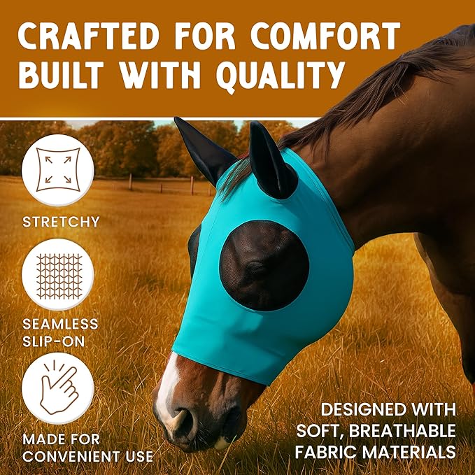 Horse Fly Mask - Durable Equine Fly Mask with Full Coverage for Eye & Ear - Stretchable, UV & Sun Protection Flymask for Horses, Ponies & Mini Horses - Horse Face Cover for Pasture & Trail - Teal