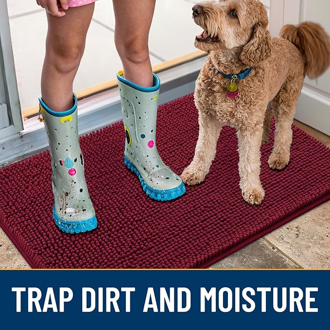 Smiry Dog Door Mat for Muddy Paws 24x16, Absorbs Moisture and Dirt Doormat, Non-Slip Washable Quick Dry Chenille Front Door Mat Indoor Entrance, Entryway Carpet for Inside Floor, Burgundy