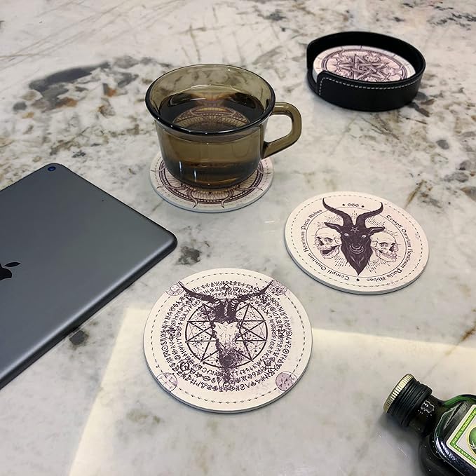 Satan Goat Skull Coasters for Drinks with Holder Leather Coasters Set of 6 for Coffee Table