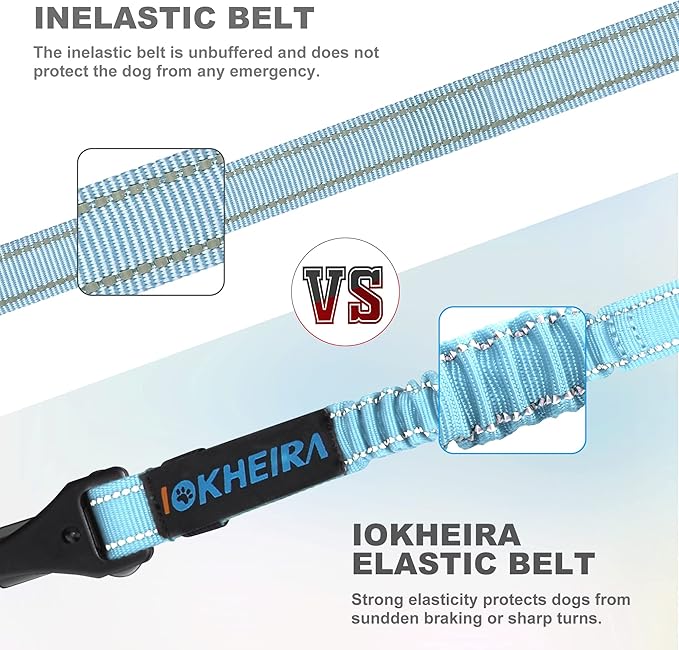 Dog Seat Belt 3-in-1 Car Harness for Dogs Adjustable Safety Seatbelt for Car Nylon Reflective Bungee Fabric Dog Car Harness with Clip Hook Latch & Buckle, Swivel Zinc Alloy Carabiner (Light Blue)