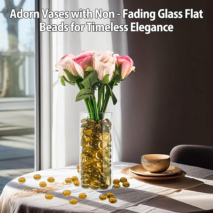 Amber Glass Marbles, 0.97LB Transparent and Smooth Mancala Stones, Yellow Flat Glass Beads for Vases, Mosaic Gem Pebbles for Aquarium Decor, Floral Arrangements Vase Filler and Crafts,Approx.80-100PCS
