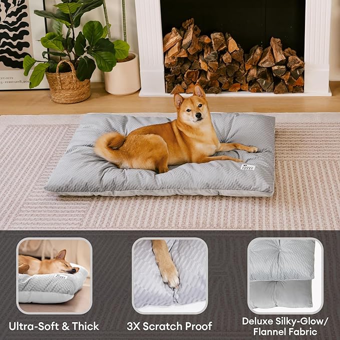 FUNNY FUZZY Washable Dog Bed,Reversible Plush Dog Crate Mat, Soft Fluffy Kennel Pad,Pet Sleeping Mattress for Large,Jumbo,Medium Sized Dogs Breeds,Indoor Cats,41.7" × 28.3", Light Grey