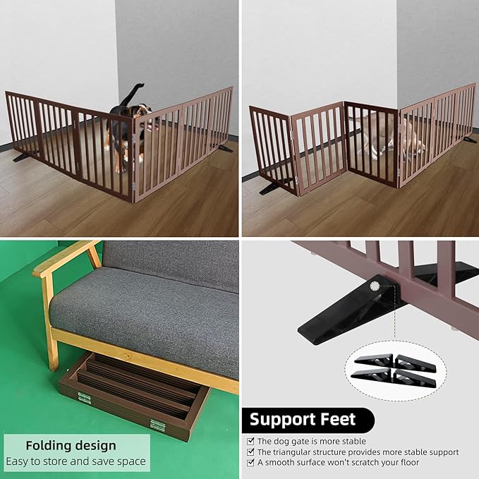 ZJSF Freestanding Indoor Dog Gate for House Foldable Wood Puppy Gate for Doorways Pet Gate for Stairs Extra Wide Pet Fence, Brown, 32" Height 6 Panels