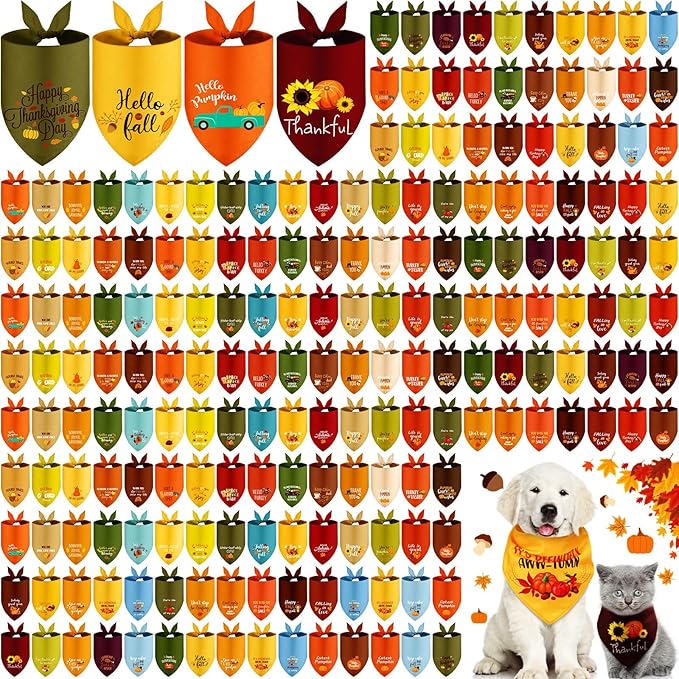 200 Pcs Fall Thanksgiving Dog Bandana Bulk with Sayings Pet Triangle Scarf Bibs Washable Puppy Kerchief Adjustable Grooming Supplies for Small Medium Large Dog Cat Costume Accessories