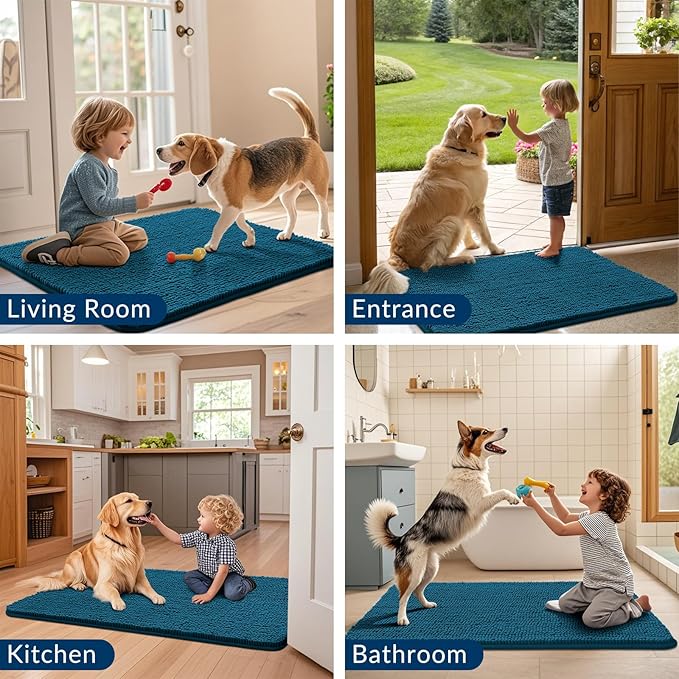 Smiry Dog Door Mat for Muddy Paws 36x24, Absorbs Moisture and Dirt Doormat, Non-Slip Washable Quick Dry Chenille Front Door Mat Indoor Entrance, Entryway Carpet for Inside Floor, Atlantic Blue