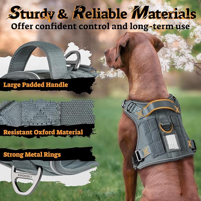 rabbitgoo Dog Harness for Large Dogs No Pull, Tactical Service Pet Vest with Molle and Control Handle, Adjustable and Reflective Military Harness for Easy Walking and Training, Grey, XL