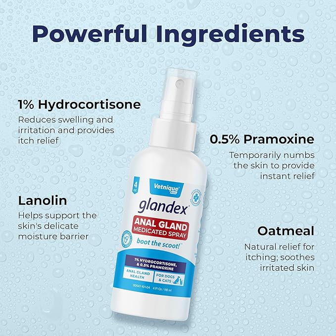 Vetnique Glandex Medicated Dog Butt Wipes or Spray for Dog Scooting - Topical Anti Itch Skin Relief for Soothing Inflamed Anal Glands in Dogs & Cats - Fast Acting Formula (4oz Spray)
