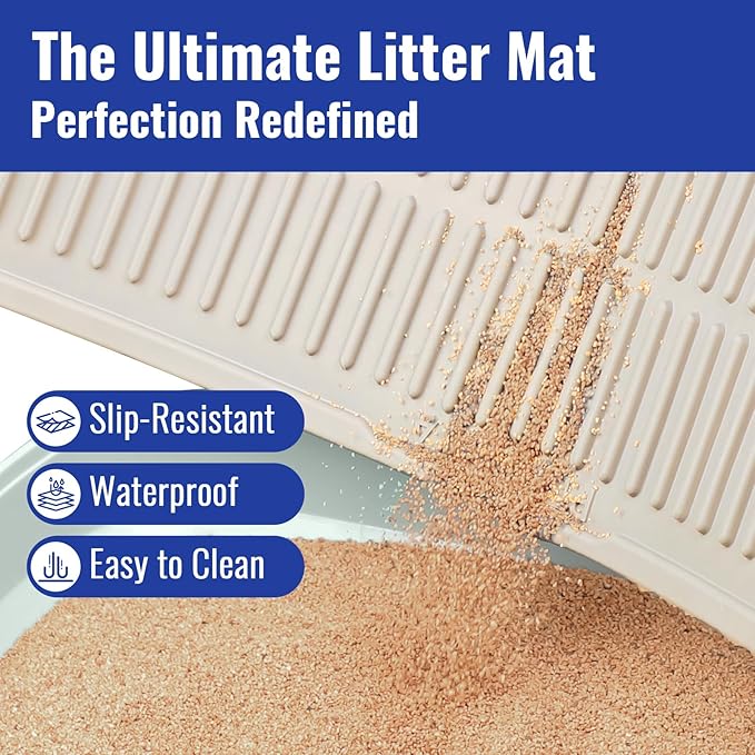 Rubber Litter Box Mat: Easy Clean Cat Litter Trapping Mat - Ivory White Kitty Litter Catcher Mat for Indoor Cats - Cute Litter Tracking Mat Beige (24” x 15”)