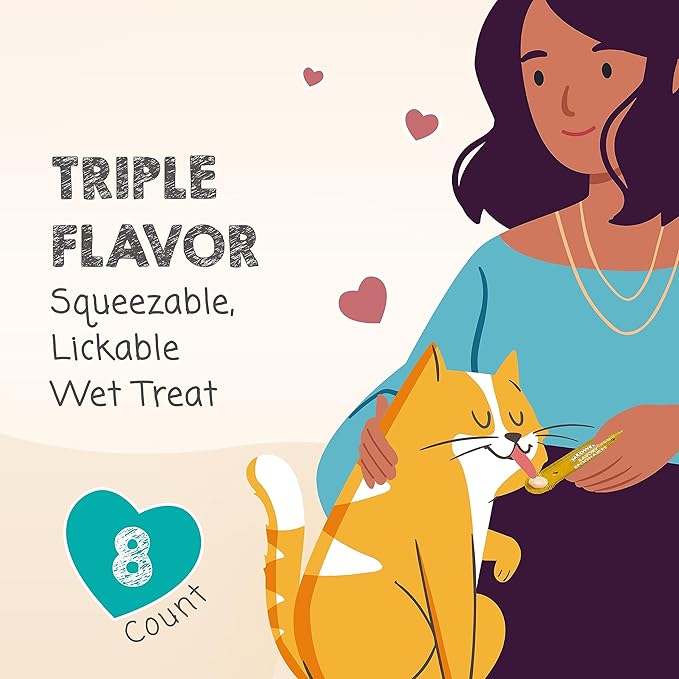 Savory Spoonables with Real Chicken, Salmon & Duck, 8 Count Tube, Triple Flavor Squeezable Lickable Wet Treats for Cats with Built-in Spoon for Less Mess