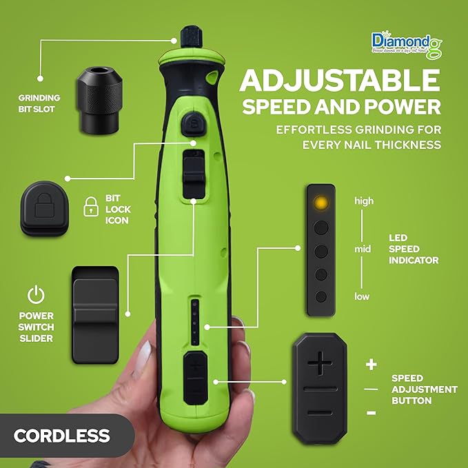Diamondg Cordless Dog Nail Grinder with Quiet Sound & LED Tip for Large & Small Dogs, 4hrs. Runtime - Electric Dog Nail Trimmer, Heavy Duty Rotary Tool Alternative to Toenail Clippers & Filers