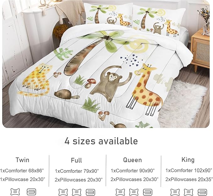 Safari Animals Comforter Set: King Size Woodland Animal Bedding Sets for Adults Teens Girl Boy Cartoon Forest Jungle Giraffe Monkey Quilts Wildlife Duvet Bed Sets 3 Piece