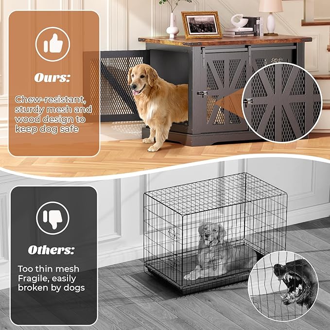 VOPEAK 40" Farmhouse Dog Crate Furniture, Heavy Duty Dog Cage for Medium Large Dogs, Dog Crate Dog Kennel Indoor with Double Doors, Chew Resistant End Table for Bedroom Living Room, Black
