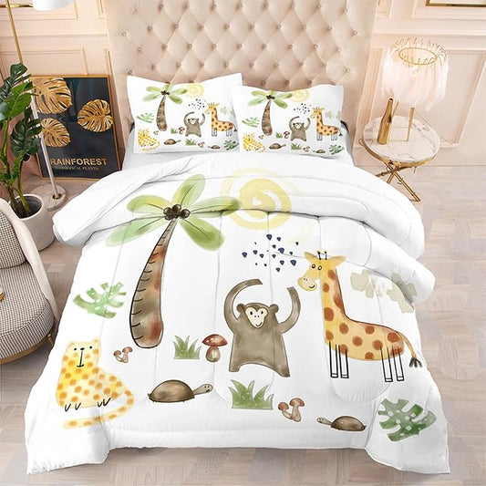 Safari Animals Comforter Set: King Size Woodland Animal Bedding Sets for Adults Teens Girl Boy Cartoon Forest Jungle Giraffe Monkey Quilts Wildlife Duvet Bed Sets 3 Piece
