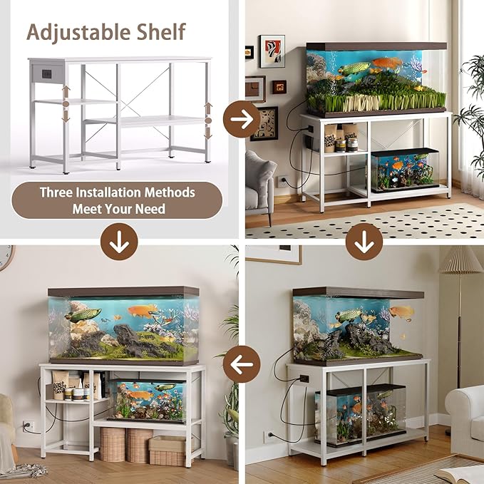 50-75 Gallon Fish Tank Stand with Power Outlet & LED Light, Metal Aquarium Stand with 3 Tier Adjustable Storage Shelves, Tank Stand for Reptile Tank, Turtle Tank, 52" L*19.5" W, White