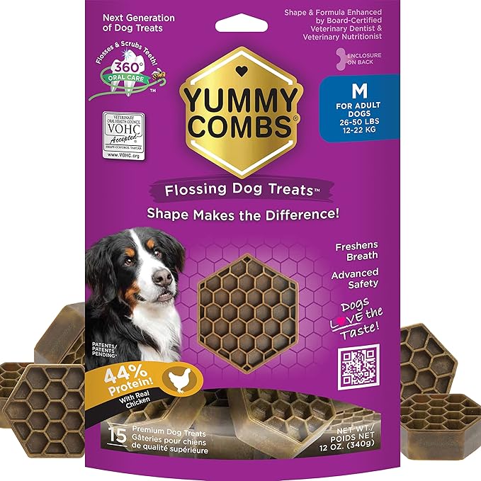 Dog Dental Treats – Vet VOHC Approved – Delicious Chicken Protein – Removes Tartar with Cleaning Comb Shape – Dental Dog Treats for Medium Dogs (12oz, 15 Count)