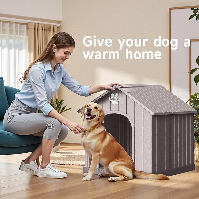 DRATO Indoor Outdoor Waterproof Dog House,PP Material,Puppy Shelter with Air Vents and Elevated Floor,Sturdy Dog Kennel for Small to Large Sized Dogs, Easy to Assemble (Gray, 38.62×36.26×38.07 Inches)