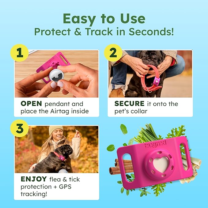 BugMD Paw Guardian Flea and Tick Prevention Pendant for Dogs with AirTag Holder | Plant-Powered Flea & Tick Control for Dog Collars Harnesses | Dog Tag with Air Tag Holder - Pink