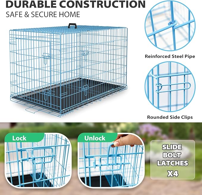 BestPet | Dog Crate | 24" | Blue | Foldable Metal Kennel with Double Doors, Secure Slide-Bolt Latches, Leakproof Tray | Portable Dog Cage for Small Breeds | for Travel, Indoor & Outdoor Use