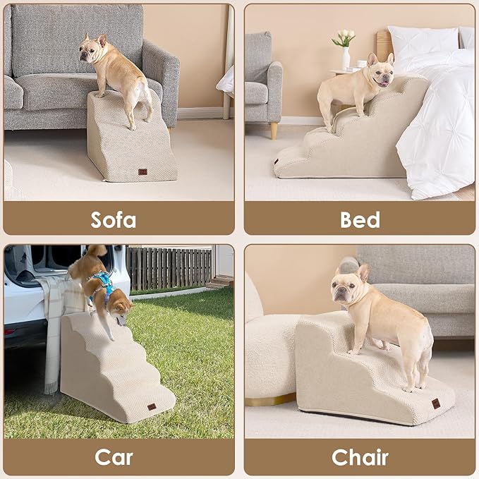 EHEYCIGA Curved Dog Stairs Ramp for High Beds 19.7" H, 4-Step Dog Steps for Small Dogs and Cats, Pet Stairs for High Bed Climbing, Non-Slip Balanced Pet Step Indoor, Beige