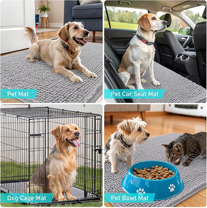 OLANLY Dog Door Mat for Muddy Paws 47x32, Absorbs Moisture and Dirt, Absorbent Non-Slip Washable Doormat, Quick Dry Chenille Mud Mat for Dogs, Entry Indoor Entryway Carpet for Inside Floor, Light Grey