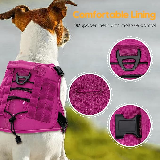 Heavy-Duty Tactical Dog Harness for Large Dogs, No Pull Adjustable Reflective Pet Vest with Molle System, K9 Military-Grade Control for Service Training, Outdoor & 10+ Breeds, Pink, Large
