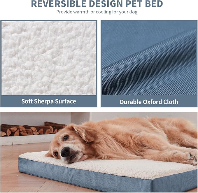Orthopedic Dog Bed for Large Dogs - Pet Bed with Removable Washable Cover, Large Waterproof Dog Bed for with Egg Crate Foam, Blue White