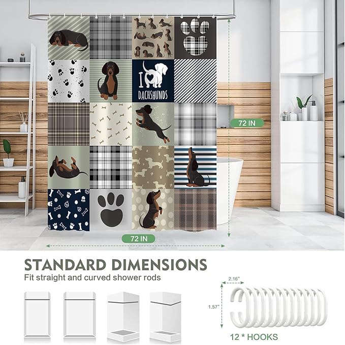 Sausage Dog Shower Curtain Set，Dachshund Grey Brown Grid Fun Animals Bathroom Decoration，Polyester Fabric Waterproof Bath Curtain 72x72 Inch with 12 Hooks