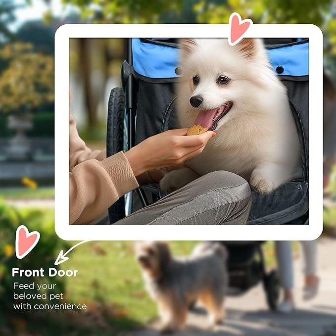 PawHut 3 Wheels Pet Stroller for Small and Medium Dogs, Foldable Cat Stroller Jogger with Adjustable Canopy, Safety Tether, Cushion, Storage Basket, Blue