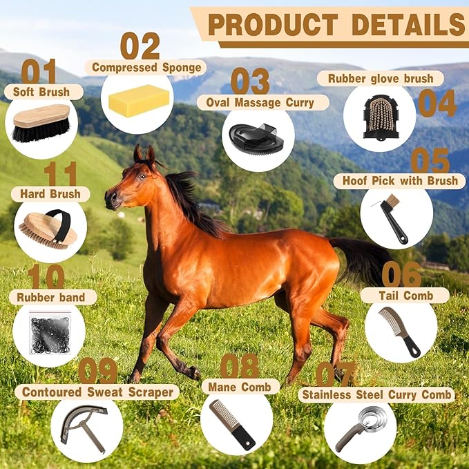 Abbylike 12 Pieces Horse Grooming Kit with Organizer Tote Bag Tack Room Supplies Horse Brush Sets Equine Care Cleaning Kit Shedding Grooming Massaging Tools(Khaki)