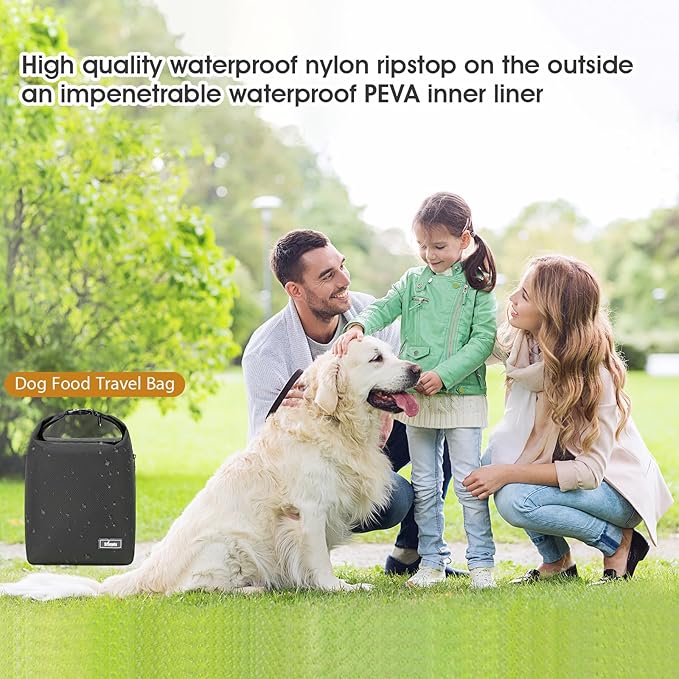 Dog Food Travel Bag,40-Cup Pet Food Storage Containers with 2PCS Collapsible Dog Travel Bowls,Waterproof Kibble Storage Container(Black, Large)