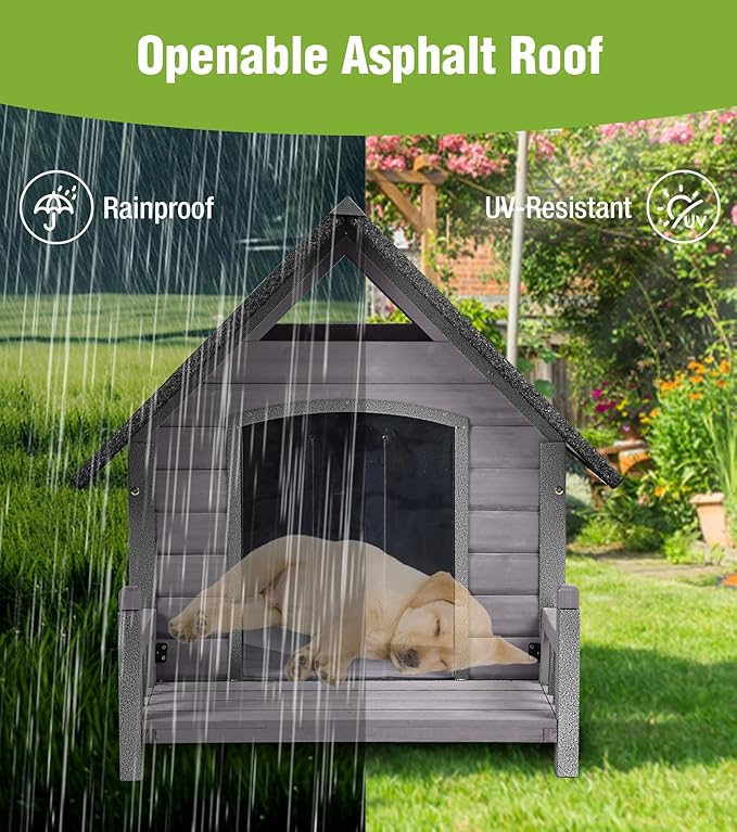 GUTINNEEN Dog House Outdoor Weatherproof with Porch, Puppy Shelter Indoor with Anti-Bite Design, PVC Curtain, Asphalt Roof, Elevated Waterproof Base, for Small to Medium Dogs - Grey