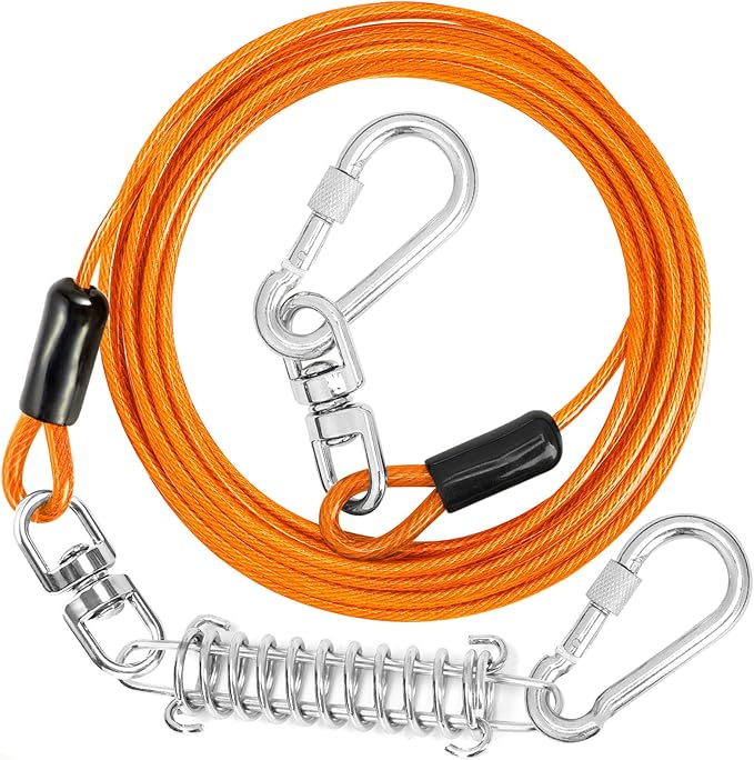 Jenico Dog Tie Out Cable, 10/15/20/30/40/50/70/100/150FT Runner Cable with Swivel Hook and Shock Spring, Yard and Camping Dog Leash Run Tether, Up to 500 LBS