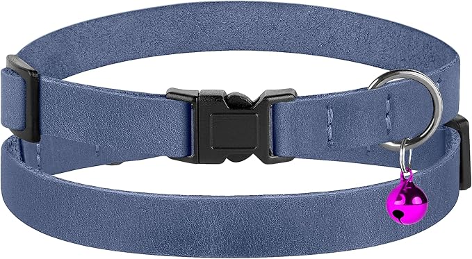 Breakaway Cat Collar Leather with Removable Bell - 13 Colors Available - Soft Adjustable Girl Boy Safety Lightweight Pet Kitten Collars Pink Brown Blue Green Red Orange Black (Denim)