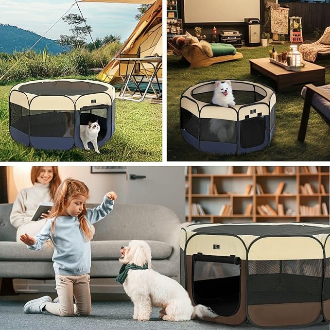 A4Pet Collapsible Playpen, 39.5” Portable Dog Playpen with Bowl, Suitable for Puppies, Kittens, and Small Animals, Removable Zipper & Mesh Panel(16”W × 10”H)