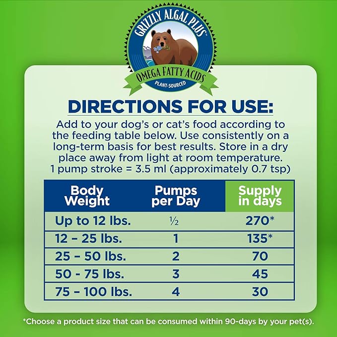 Grizzly Pet ProductsAlgal Plus Omega 3-6-9 Food Supplement for Dogs and Cats, 16 Ounce Bottle