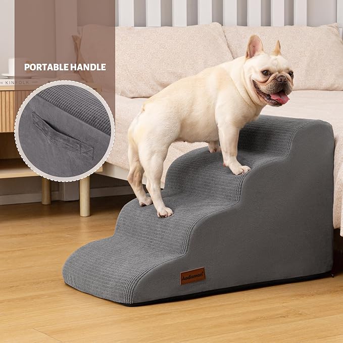 4-Step Dog Stairs and Ramp for Beds or Couches – Non-Slip Sturdy Pet Steps for Small Dogs and Cats,17.4" H,Grey