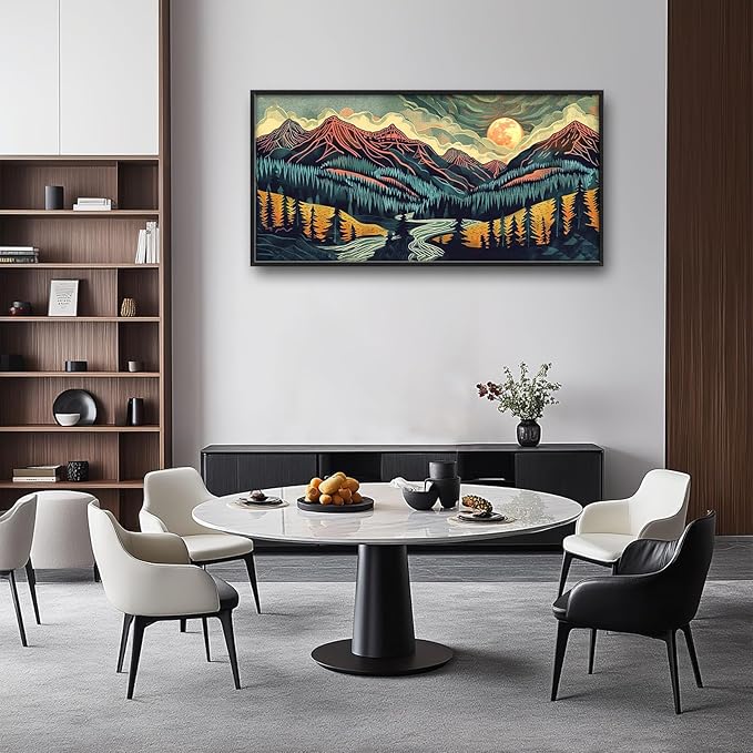 Quorin Boho Mountain Large Wall Art Abstract Pictures Lake Pine Tree Forest Foggy Sunset Wall Decor Nature Landscape Canvas Print Painting Artwork for Bathroom Living Room Bedroom 60L x 30W