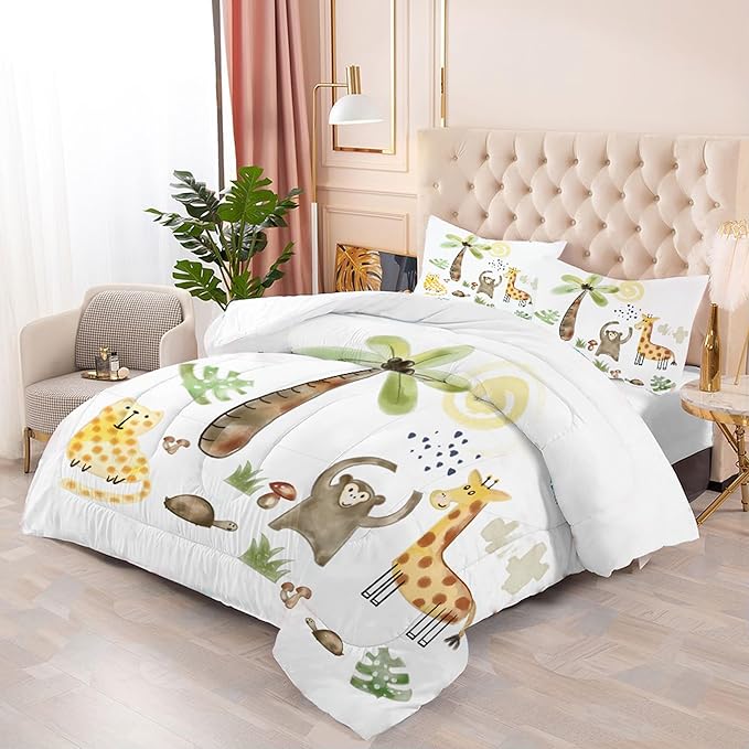 Safari Animals Comforter Set: King Size Woodland Animal Bedding Sets for Adults Teens Girl Boy Cartoon Forest Jungle Giraffe Monkey Quilts Wildlife Duvet Bed Sets 3 Piece