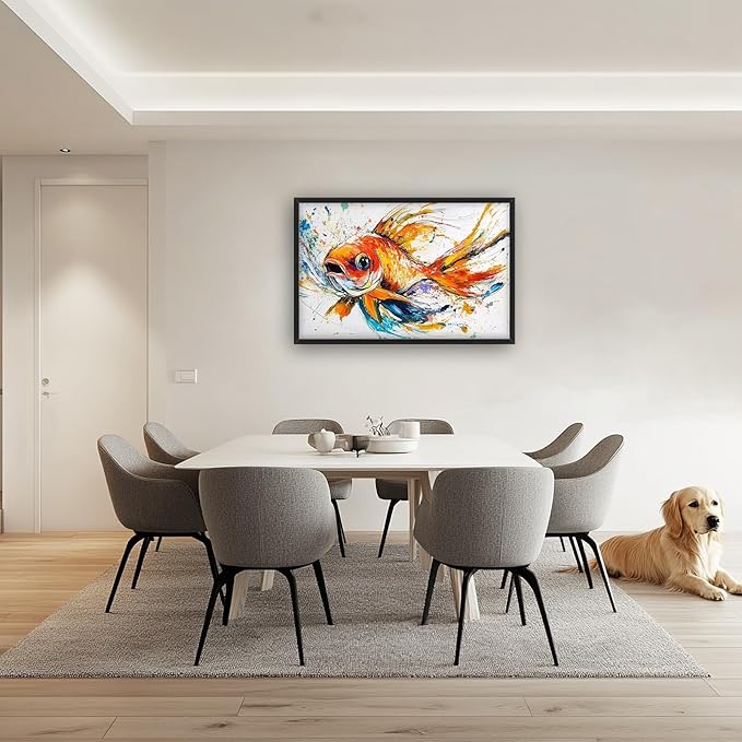 Framed Large Fish Wall Art for Living Room, Oversized Graffiti Goldfish Wall Decor Watercolor Fishing Canvas Painting Modern Artwork Home Decoration for Living Room Bedroom Office 36"x24"