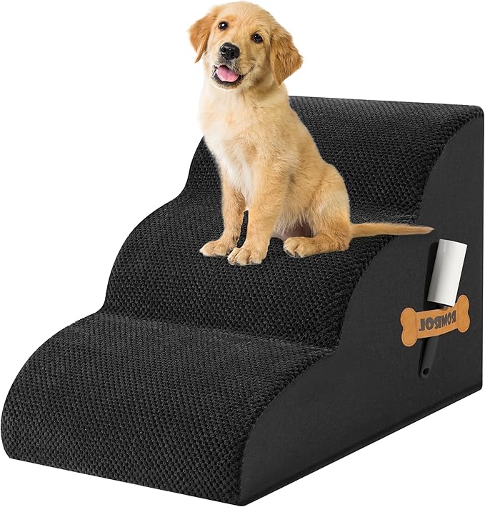 Romrol Dog Stairs Ramp for High Beds Couches, High Density Foam Pet Steps with Durable Non-Slip Waterproof Fabric Cover, Dog Stairs for Small Dogs or Cats or Pets, 3-Step,15 Inch,Black
