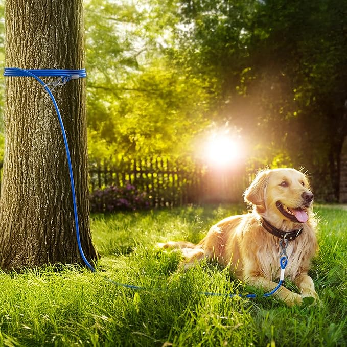 Tresbro 25FT Blue Reflective Tie Out Cable for Dogs Up to 125 Pounds, Steel Wire Lead Leash with Stainless Rotatable Buckle, Lightweight and Enduring, Dog Chains Outside for Outdoor,Yard,Camping