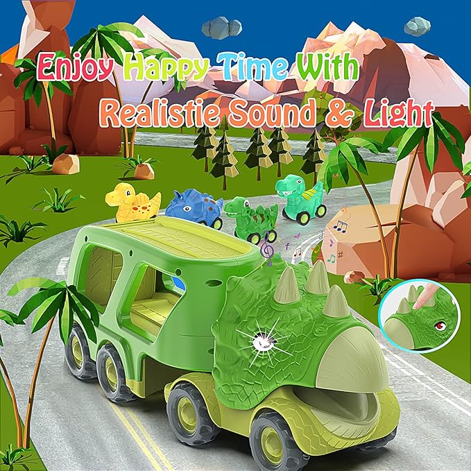 Veslier Dinosaur Car Toy for 3 4 5 Years Old Boys, Friction Power Carrier Truck with 4 Pack Small Pull Back Dino Car, Christmas Birthday Gift for 3+ Boy Girl Kids Toddlers