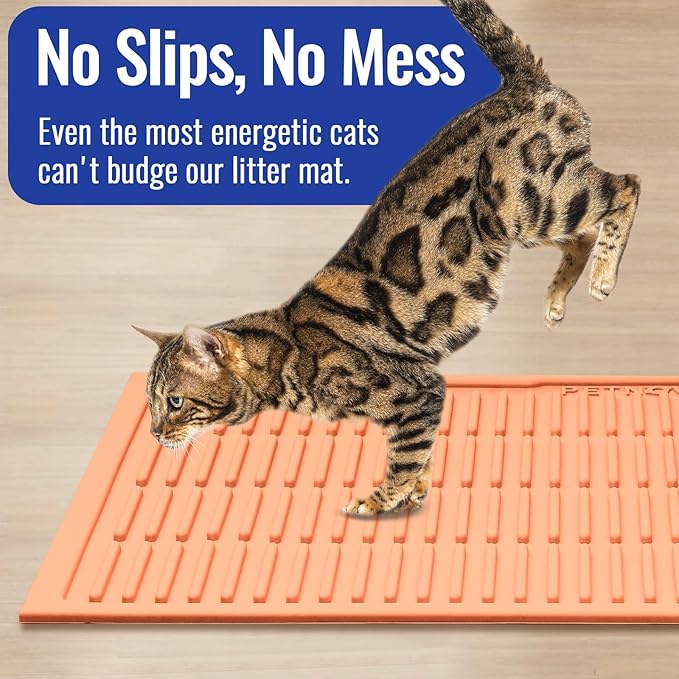 Rubber Litter Box Mat: Cute Cat Litter Trapping Mat - Peach Pink Easy Clean Kitty Litter Catcher Mat for Floor - Waterproof Litter Tracking Mat (24” x 15”)