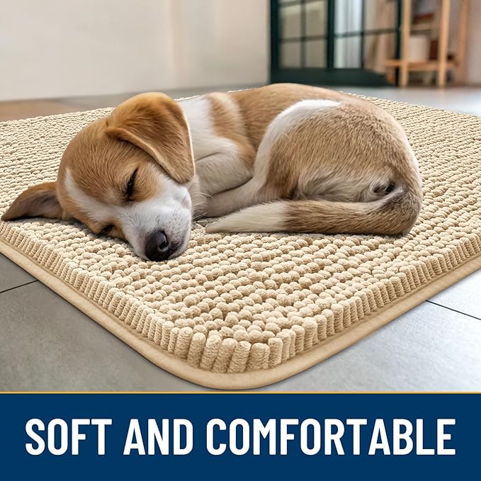 Smiry Dog Door Mat for Muddy Paws 30x17, Absorbs Moisture and Dirt Doormat, Non-Slip Washable Quick Dry Chenille Front Door Mat Indoor Entrance, Entryway Carpet for Inside Floor, Beige