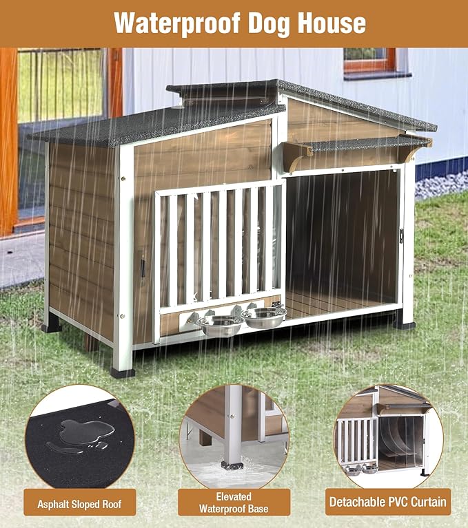 GUTINNEEN Dog House Outdoor with Anti-Chewing Metal Frame, Wooden Dog Kennel with 360° Rotating Feeding Bowl, Weatherproof Roof, for Indoor & Outdoor Use - Brown