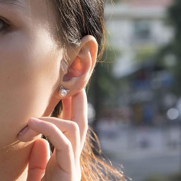 S.Leaf Cat Earrings Pearl Earrings Sterling Silver Earrings for Women Cat Memorial Gifts Cat Gifts for Cat Lovers Cat Jewelry for Women