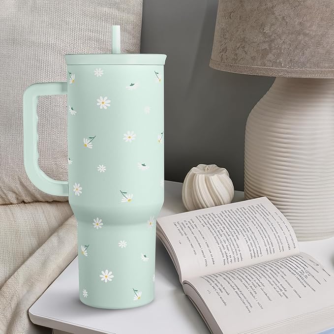 SANDJEST Daisy 40oz Tumbler with Handle and Straw – Flower Insulated Stainless Steel Travel Coffee Mug for Women Girls - Gift Idea for Birthday Christmas Mothers Day