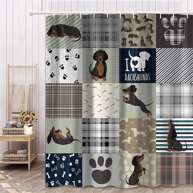 Sausage Dog Shower Curtain Set，Dachshund Grey Brown Grid Fun Animals Bathroom Decoration，Polyester Fabric Waterproof Bath Curtain 72x72 Inch with 12 Hooks