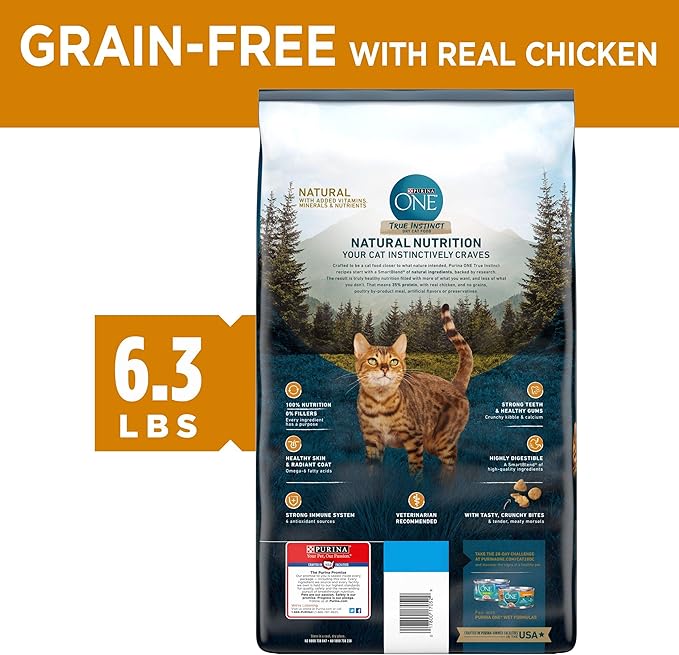 Purina ONE Natural, High Protein, Grain Free Dry Cat Food, True Instinct With Real Chicken - 6.3 Lb. Bag